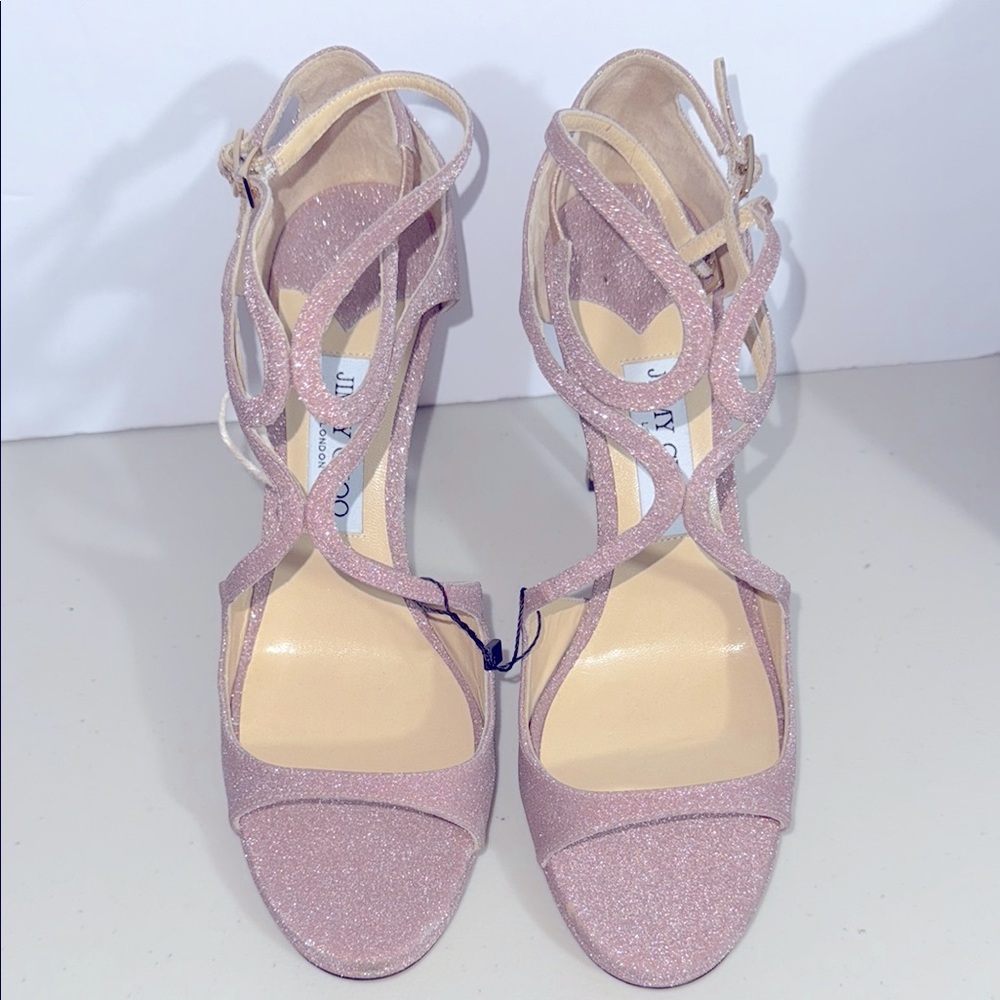$1330 NEW Jimmy Choo Pink Glitter Stiletto Heels with Strappy Design - Picture 6 of 13